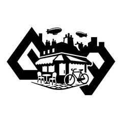 1 Cityscape silhouette icons with cafe, bicycle, solid black style, urban landscape © Arju