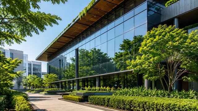 Eco friendly corporate office building with trees and glass facade
