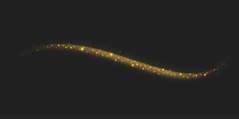 Obraz premium Golden glitter. Wave with dust and stars on black background. Swirl vector glowing line with sparkles effect. Magic shiny yellow confetti and sequins. Abstract textured flow