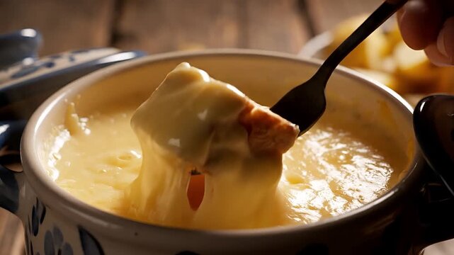 Delicious Cheese Fondue Being Dipped With Bread On A Fork.
