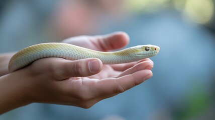 White snake resting gently in human hands with soft natural background 