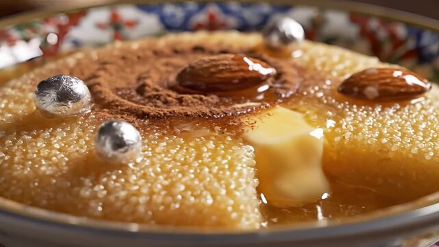 Delicious Moroccan Semolina Cake with Honey and Almonds.