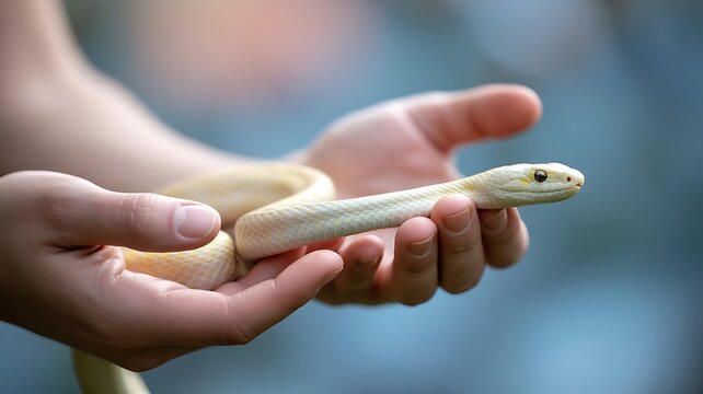 White snake resting gently in human hands with soft natural background
