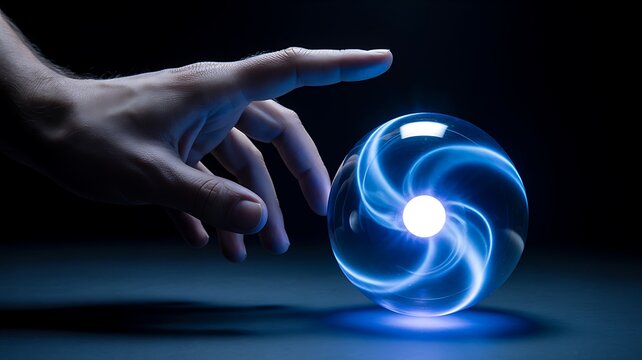 Hand touching glowing futuristic energy sphere with abstract cosmic light
