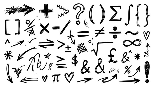 Collection of diverse hand-drawn symbols, mathematical signs, and arrows for graphic design projects