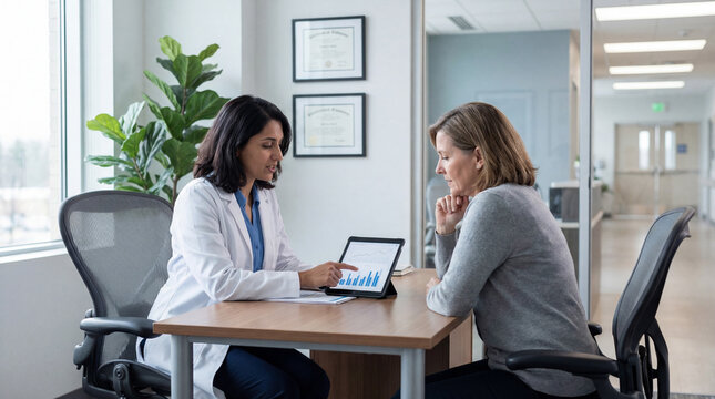 Doctor discussing medical data with patient, showing charts on digital tablet during healthcare consultation
