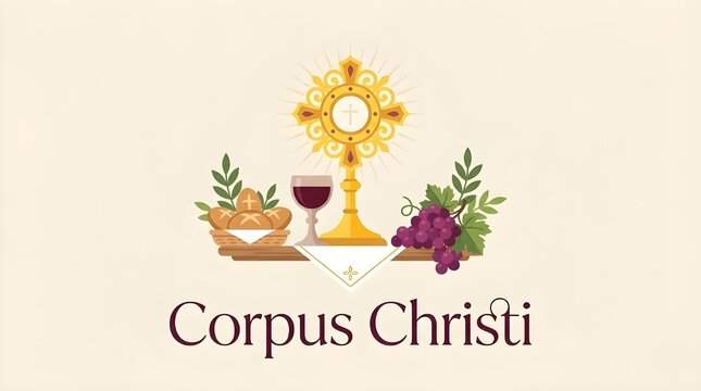 Corpus Christi Christian Celebration Vector Illustration with Decorative Typography IHS Monstrance Chalice and Wheat