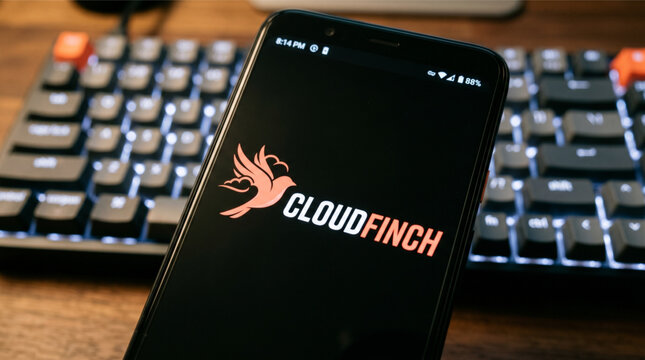 Cloudfinch logo mobile app on a screen smartphone. Cloudfinch is an artificial intelligence and data engineering company providing cloud computing and digital transformation software solutions.
