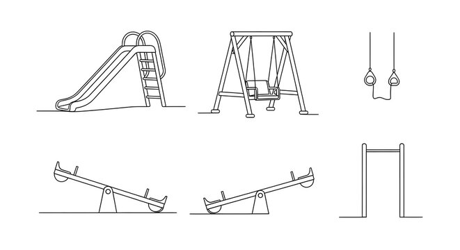 Line drawings of playground equipment including a slide, swing set, seesaw, and monkey bars on a white background.