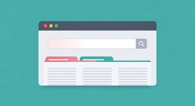 A browser window displays a search bar with colorful tabs on a teal background, showing a webpage with various elements.