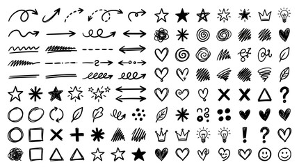 Naklejka premium Abstract Hand-Drawn Design Elements Arrows, Stars, Hearts, and Shapes