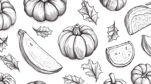 Monochrome line art sketch pattern on white background, detailed shaded drawings of whole and sliced pumpkins plus pumpkin pie, rustic fall themed decorative design
