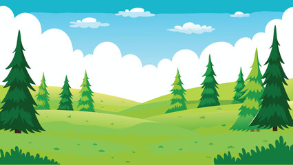 Cartoon style forest landscape with green hills and blue sky © PUNNABEGUM