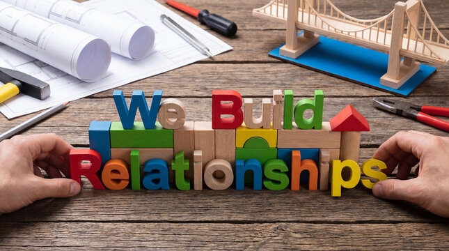 Hands building we build relationships with colorful wooden letters and construction tools on a rustic table