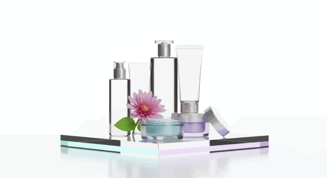 Elegant display of premium cosmetic and skincare products, with delicate floral accents and soft lighting, promoting natural beauty and sophisticated care