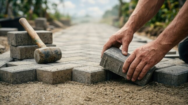 Construction worker laying interlocking pavers for a new pathway.