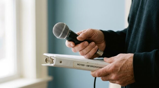 Close-up of a person holding a microphone and a binder.