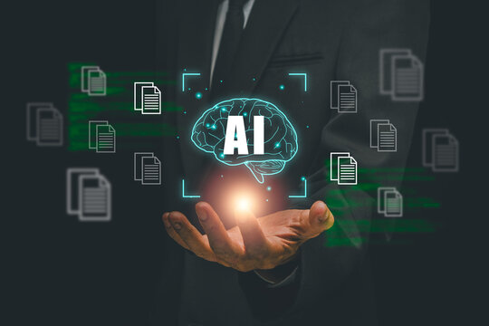 Visual representation of AI document summarization with digital brain and data icons, symbolizing innovation in technology.