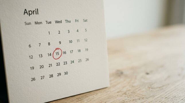 April 15th highlighted on a calendar with a red circle, marking an important deadline or event. Tax Day in the United States