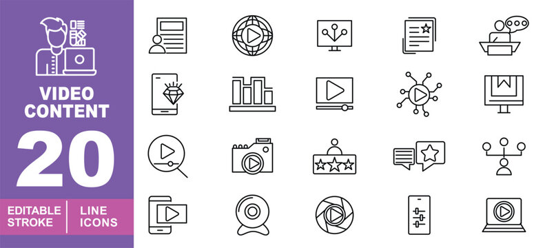 Video Content Line Icon Set. User, document, globe, player, screen, monitor, chart, graph, star, podium, talk, phone, diamond, camera, webcam, lens, shutter, slider, fader, laptop, network, share.
