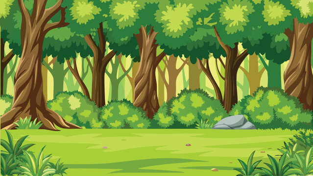 Lush forest scene with green foliage and brown tree trunks
