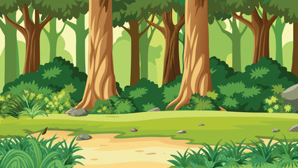Lush green forest scene with tall trees and foliage © PUNNABEGUM