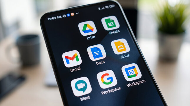 Google Workspace mobile app icons on a smartphone screen. Google Workspace is a suite of cloud-based productivity and collaboration software including Gmail, Drive, Docs, Sheets, and Google Meet.