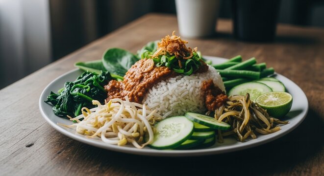 Authentic Indonesian Nasi Pecel with Rice and Assorted Vegetables.