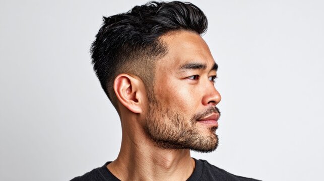 Close-up profile portrait of a handsome Asian man with a stylish fade haircut and beard