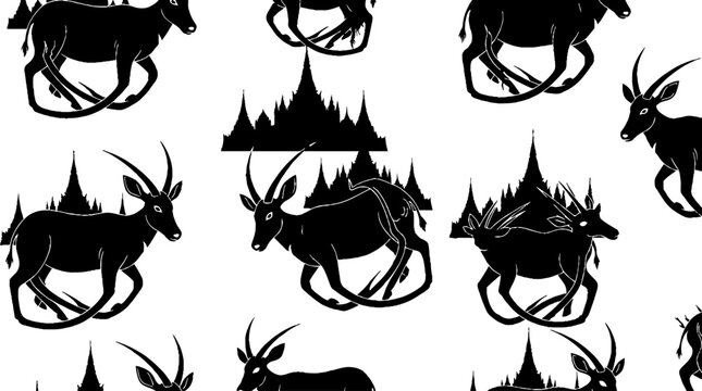 Black Silhouette Deer and Mountain Forest Pattern Design.