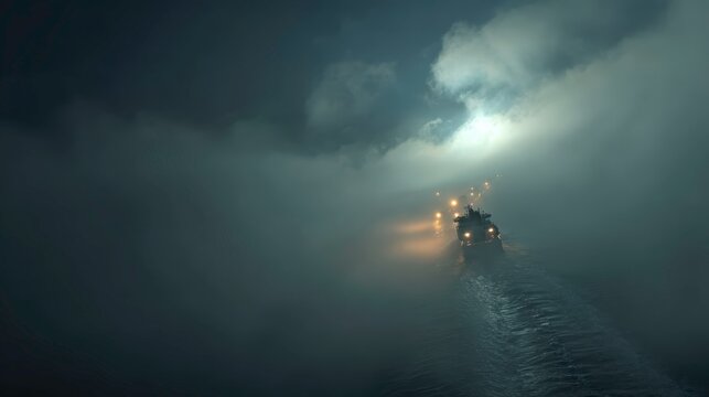 Mysterious Foggy Night Scene with Dim Lights and Unseen Vessel