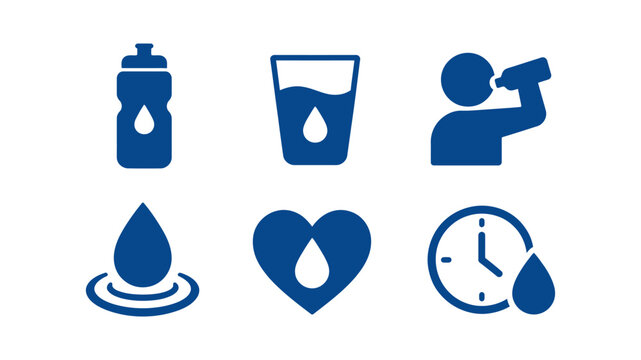 Set of minimalist blue water and hydration icons featuring a bottle glass drinking person heart and reminder clock