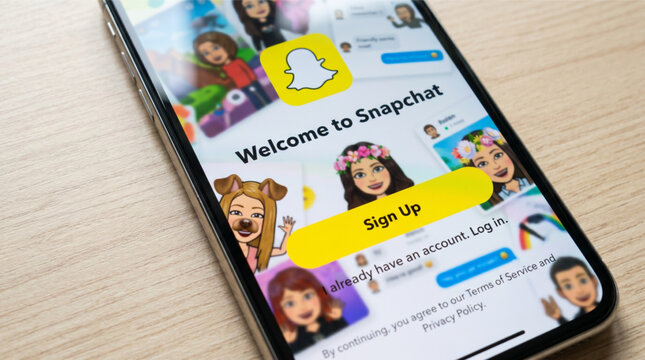 Snapchat mobile app welcome screen on a smartphone iPhone. Snapchat is a leading social media platform for photo sharing, messaging, and digital communication using personalized Bitmoji avatars.
