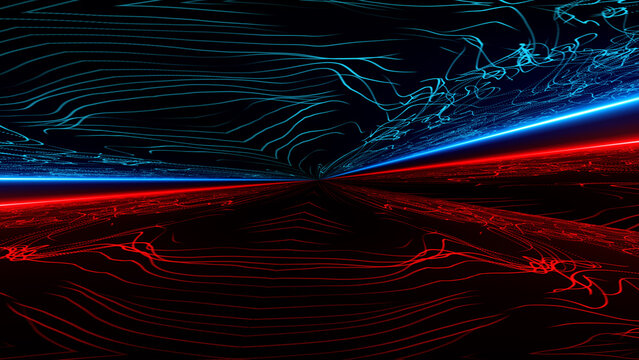 Abstract background with glowing neon particles flying, movement of a stream of glowing bright lines of particles. Seamless loop 4k.