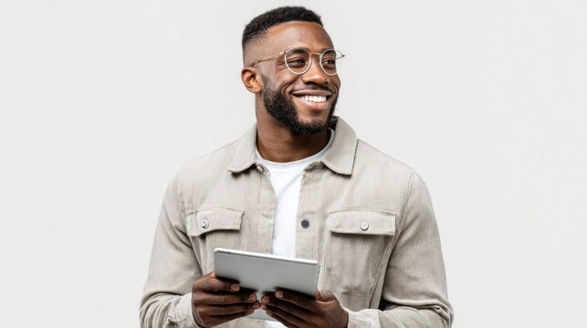 Smiling Black man wearing glasses and holding a tablet computer, looking to the side