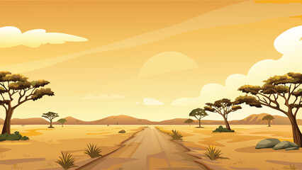 Savanna landscape illustration with dirt road and acacia trees © PUNNABEGUM