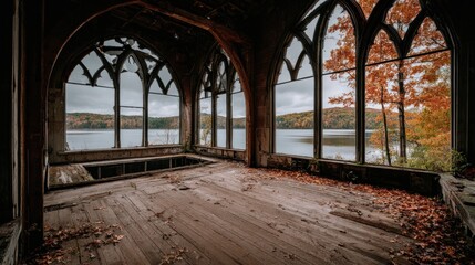 Fototapeta premium Abandoned gothic building interior with lake view and autumn trees