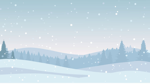 Winter landscape illustration with snow falling pale blue tones