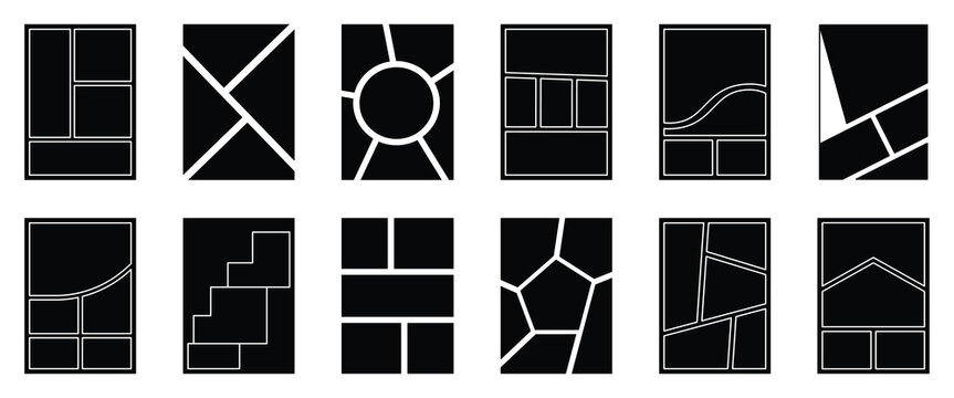 Collage frame templates set with minimalist geometric layout grids for multi photo presentation, moodboard creation, social media post, and creative graphic artwork compositions.