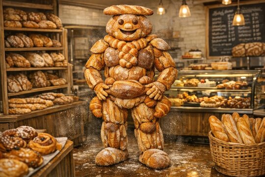 A unique bread  bear in a bakery setting, great for food-related concepts or creative uses