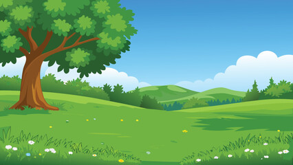 Green landscape with trees hills and a blue sky © PUNNABEGUM