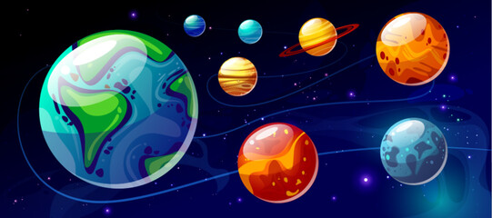 Space exploration vector with planets of our solar system. Cartoon infographic showing Earth, Saturn, Jupiter and Venus. Educational astronomy illustration for children learning about cosmic universe. © vectorpouch