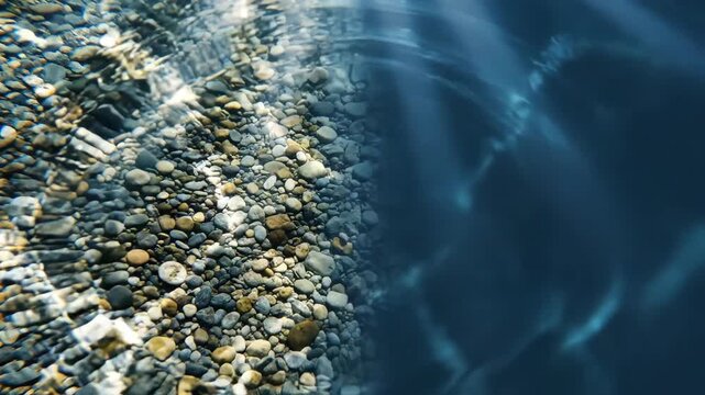 Ripple expanding on the clear surface of water over a pebble seabed. Underwater view of sun rays penetrating the liquid. Nature concept of fluid motion dynamics