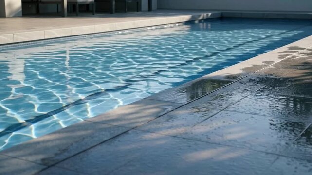 Serene swimming pool with clear blue water reflecting sunlight, surrounded by tiled deck and soft shadows