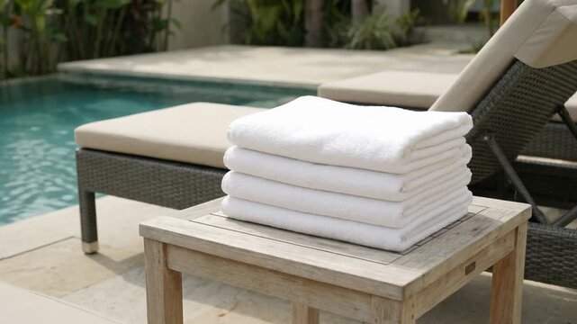 A stack of neatly arranged white towels on a wooden table beside a swimming pool, surrounded by lush greenery, evoking a peaceful atmosphere