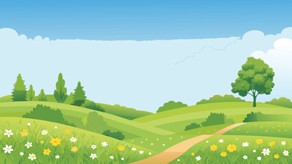 Rolling hills landscape with trees and floral meadow illustration © PUNNABEGUM