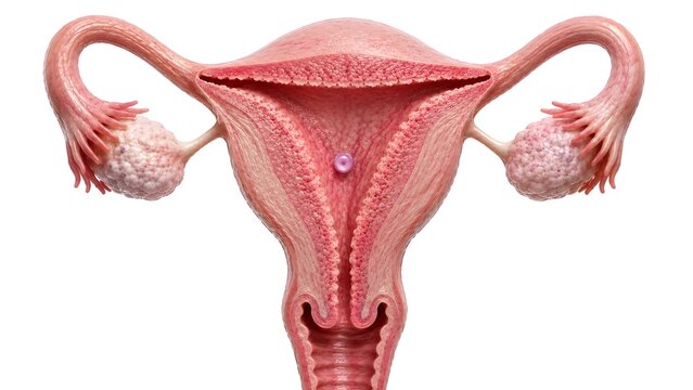 Human implantation-ready uterus during the secretory phase of the menstrual cycle. thickened vascular endometrium, realistic uterine cavity, ovaries, fallopian tubes prepared for embryo implantation.