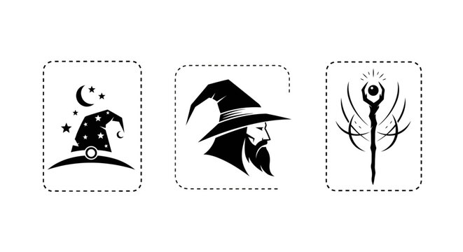 Mystical witchcraft icons with witch hat and symbols.