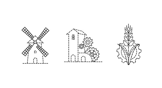 Black and White Line Art Icons of Windmill Barn and Wheat.