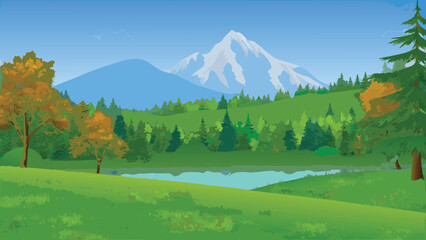 Mountain landscape illustration with green fields and blue sky © PUNNABEGUM